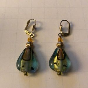Gold tone clip pierced dangle glass earrings 2”